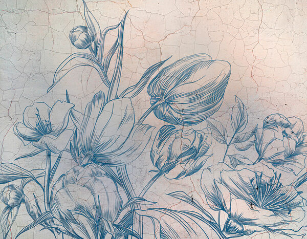 Um desenho de flores numa parede rachada Um desenho de flores numa parede rachada