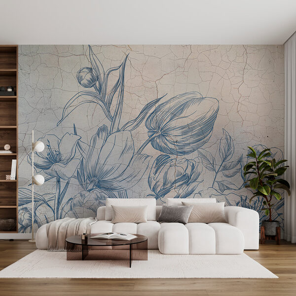 Um desenho de flores numa parede rachada Um desenho de flores numa parede rachada