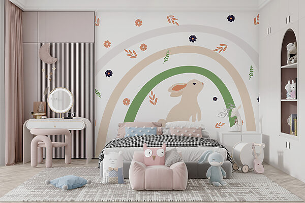 Um coelho e um arco-íris com flores Um coelho e um arco-íris com flores
