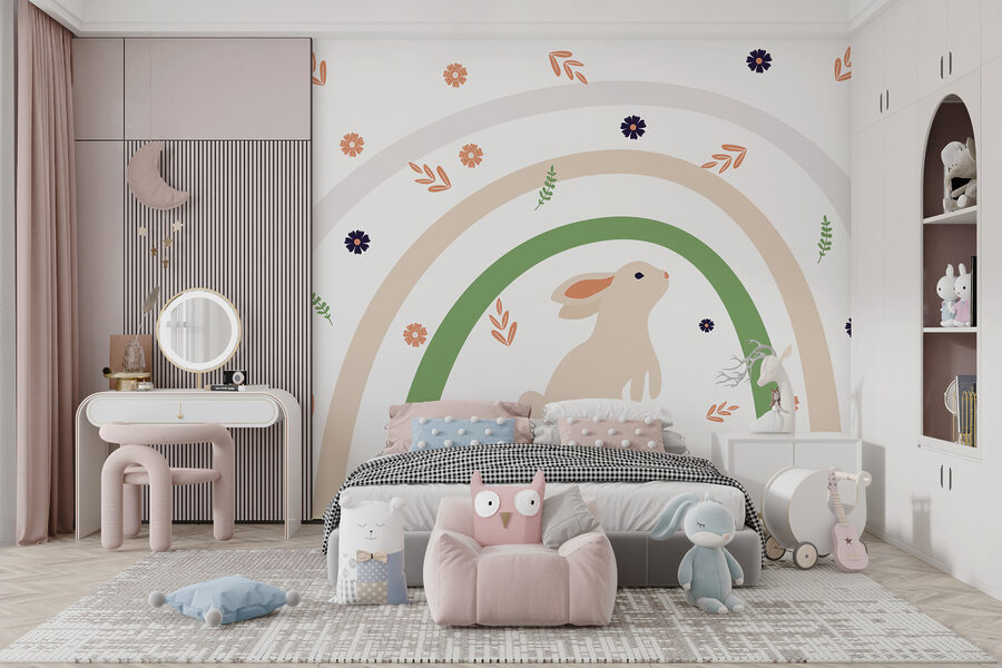 Um coelho e um arco-íris com flores