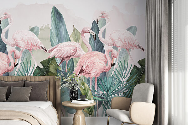Papel de parede Papel de parede Um grupo de flamingos cor-de-rosa e folhas (REF: w00505)