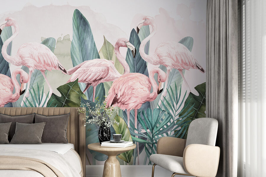 Um grupo de flamingos cor-de-rosa e folhas