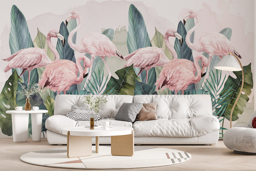 Um grupo de flamingos cor-de-rosa e folhas