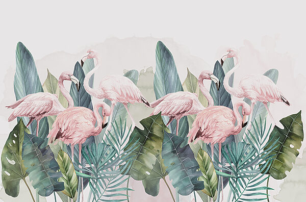 Um grupo de flamingos cor-de-rosa e folhas Um grupo de flamingos cor-de-rosa e folhas