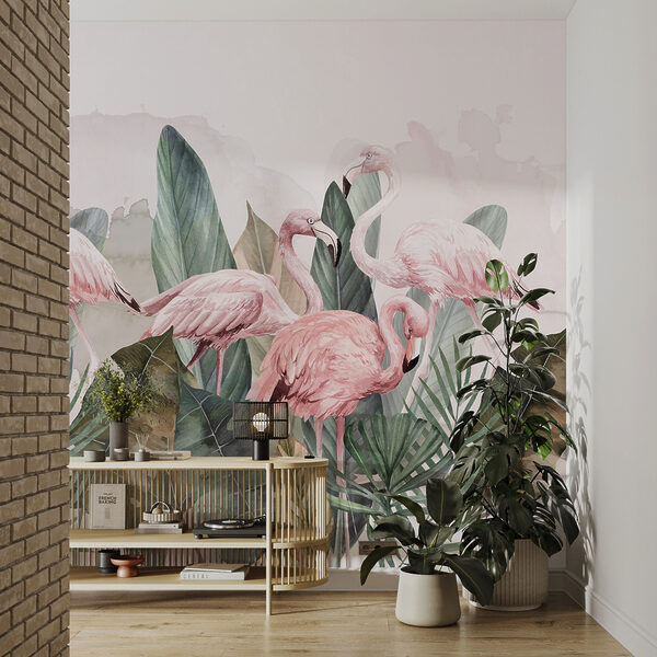 Um grupo de flamingos cor-de-rosa e folhas Um grupo de flamingos cor-de-rosa e folhas