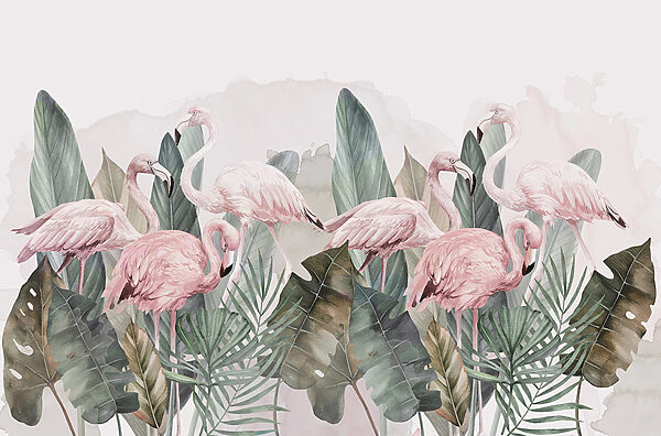 Um grupo de flamingos cor-de-rosa e folhas Um grupo de flamingos cor-de-rosa e folhas