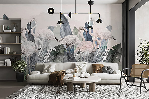 Um grupo de flamingos e folhas Um grupo de flamingos e folhas