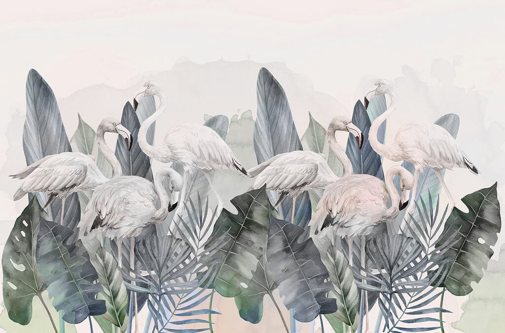 Um grupo de flamingos e folhas Um grupo de flamingos e folhas