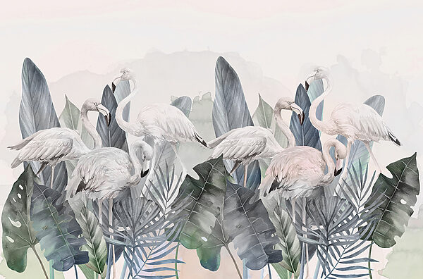 Um grupo de flamingos e folhas Um grupo de flamingos e folhas