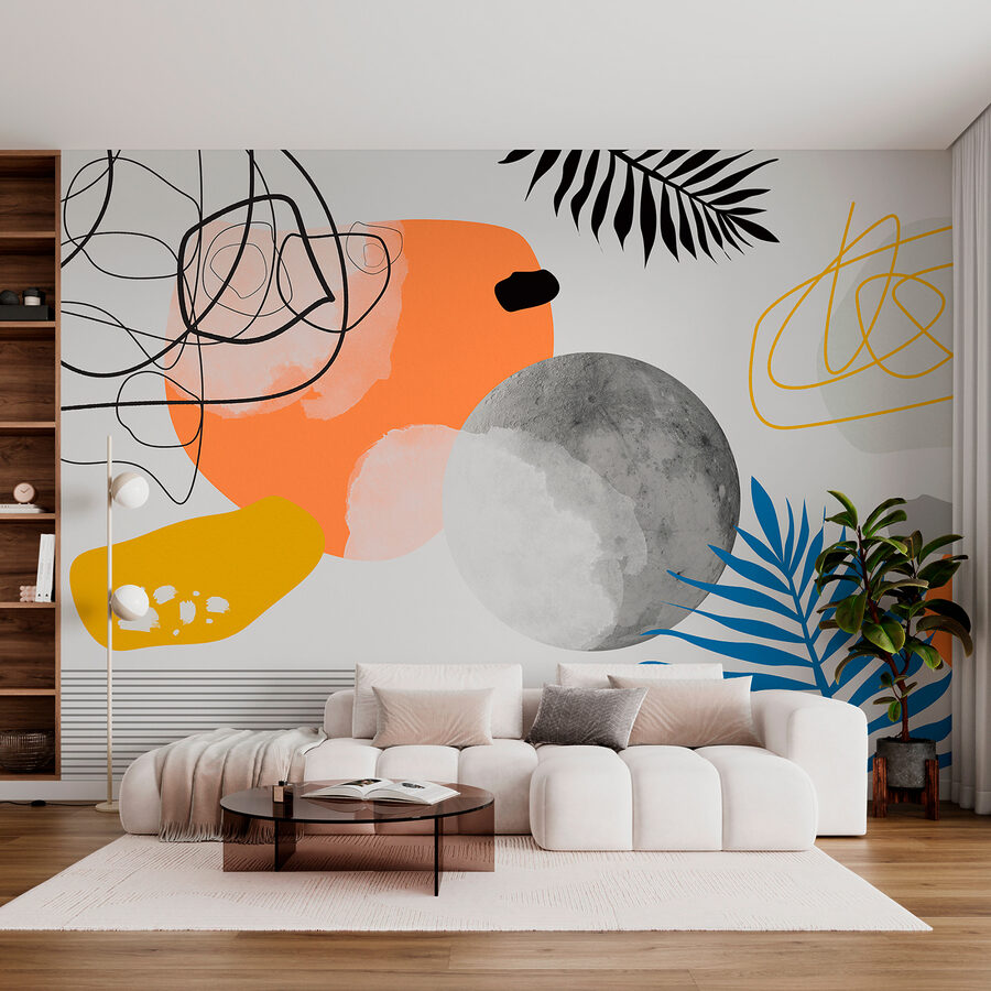 Uma arte colorida com círculos e folhas a preto e branco Uma arte colorida com círculos e folhas a preto e branco