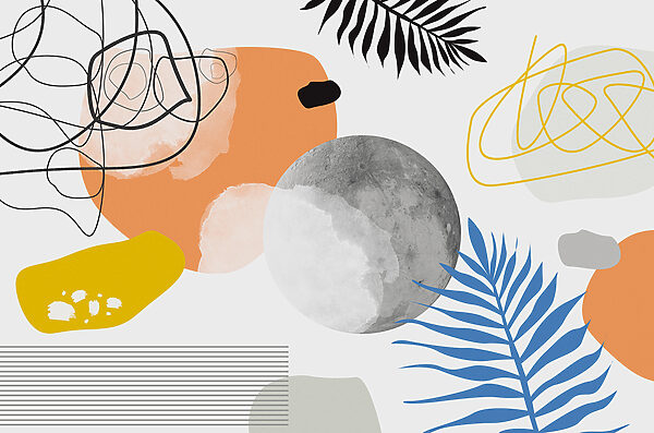 Uma arte colorida com círculos e folhas a preto e branco Uma arte colorida com círculos e folhas a preto e branco
