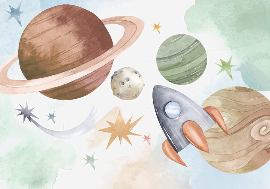 Um foguetão e planetas no espaço