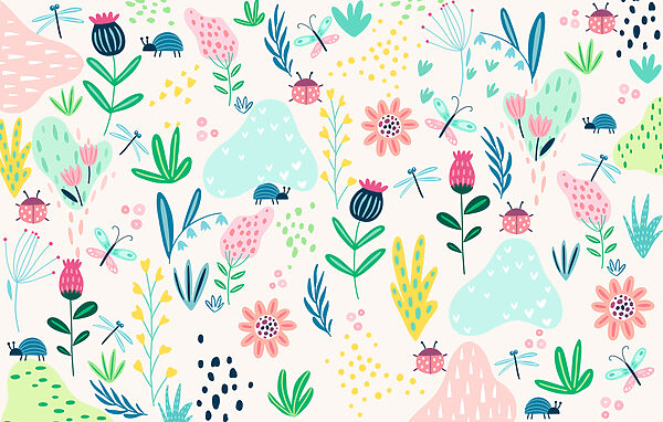 Um padrão de flores e insectos Um padrão de flores e insectos
