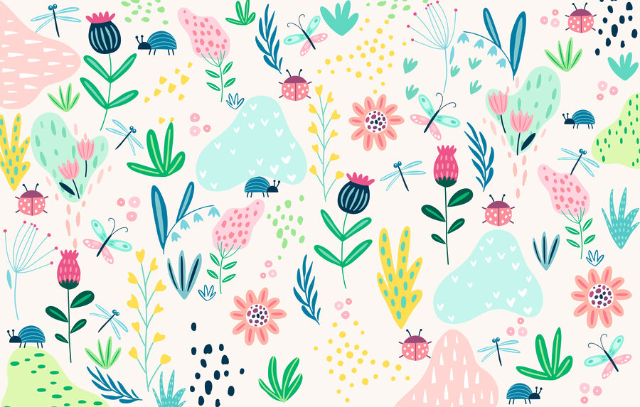 Um padrão de flores e insectos
