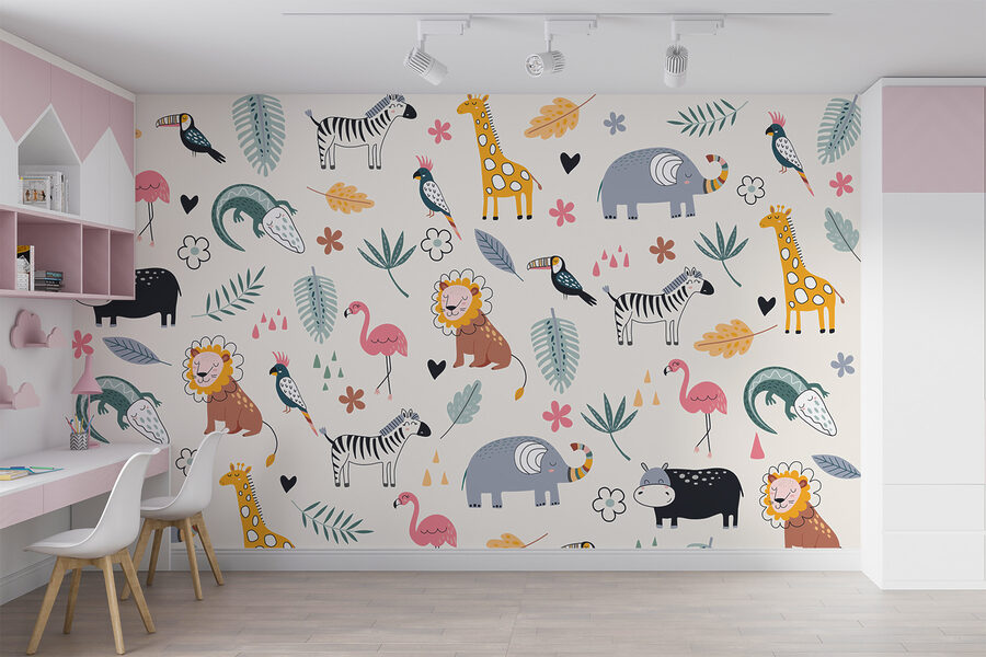 Papel de parede Um padrão de animais e folhas