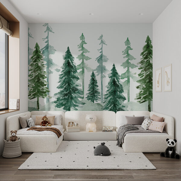 Um grupo de árvores numa floresta com neve Um grupo de árvores numa floresta com neve