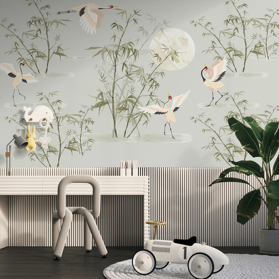 Um papel de parede com pássaros e bambu