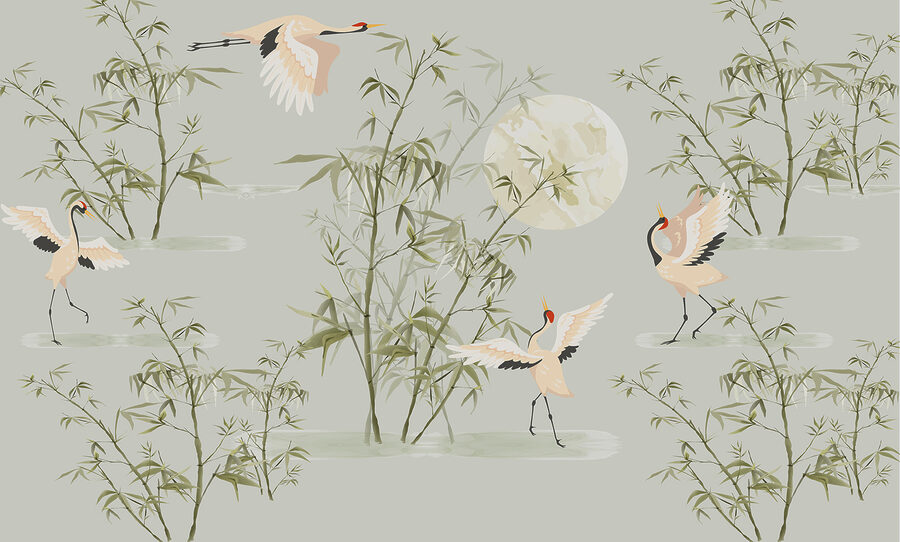 Um papel de parede com pássaros e bambu