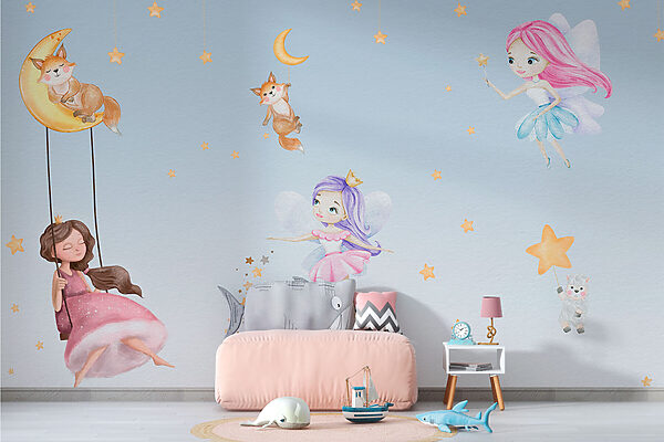 Um mural de parede com fadas e animais Um mural de parede com fadas e animais