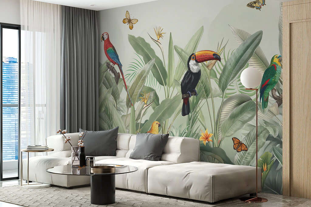 A wallpaper with birds and butterflies