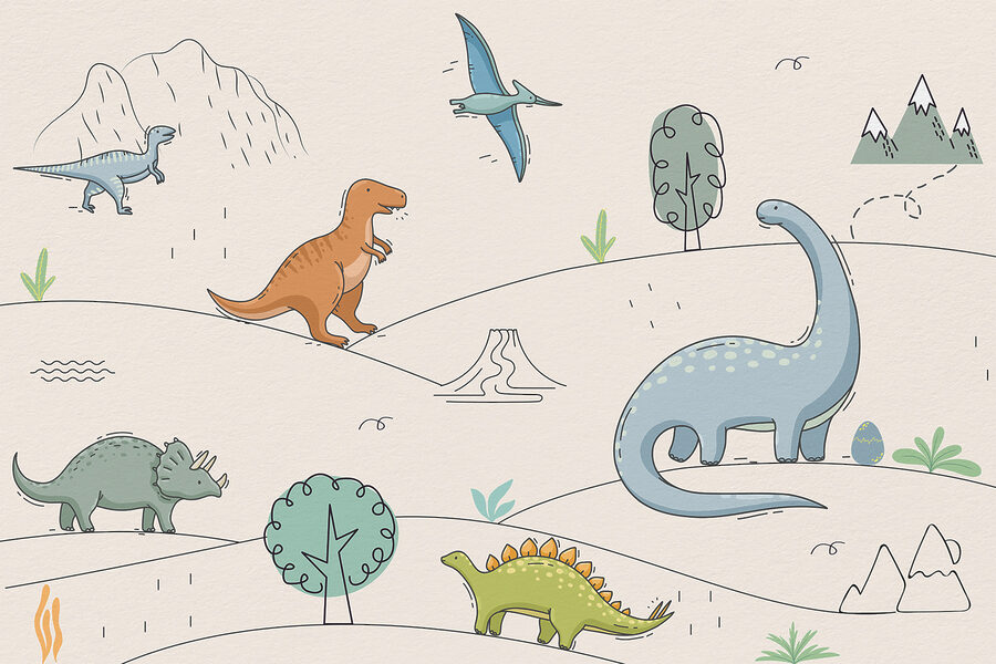 Um desenho de dinossauros e montanhas