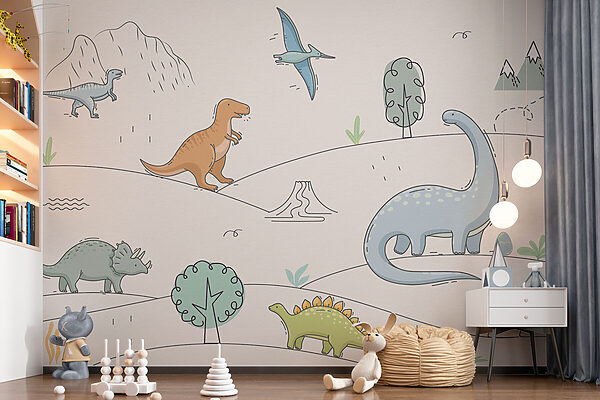 Um desenho de dinossauros e montanhas Um desenho de dinossauros e montanhas
