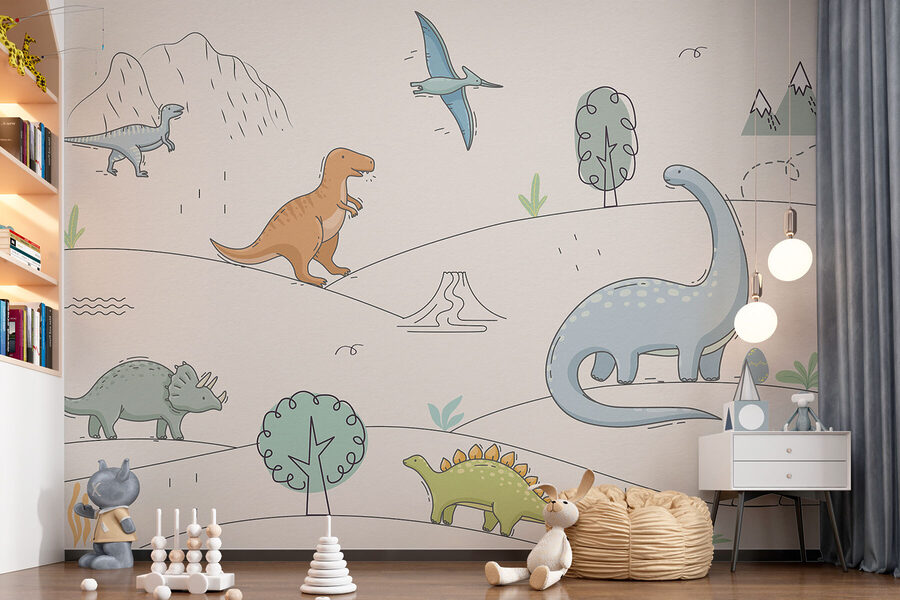 Um desenho de dinossauros e montanhas