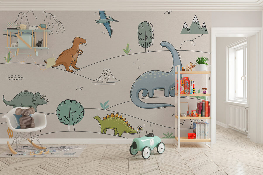 Um desenho de dinossauros e montanhas