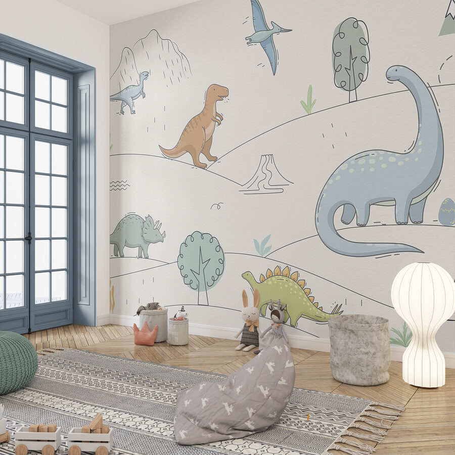Um desenho de dinossauros e montanhas