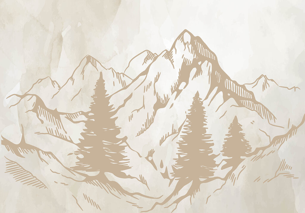 Um desenho de montanhas e árvores Um desenho de montanhas e árvores