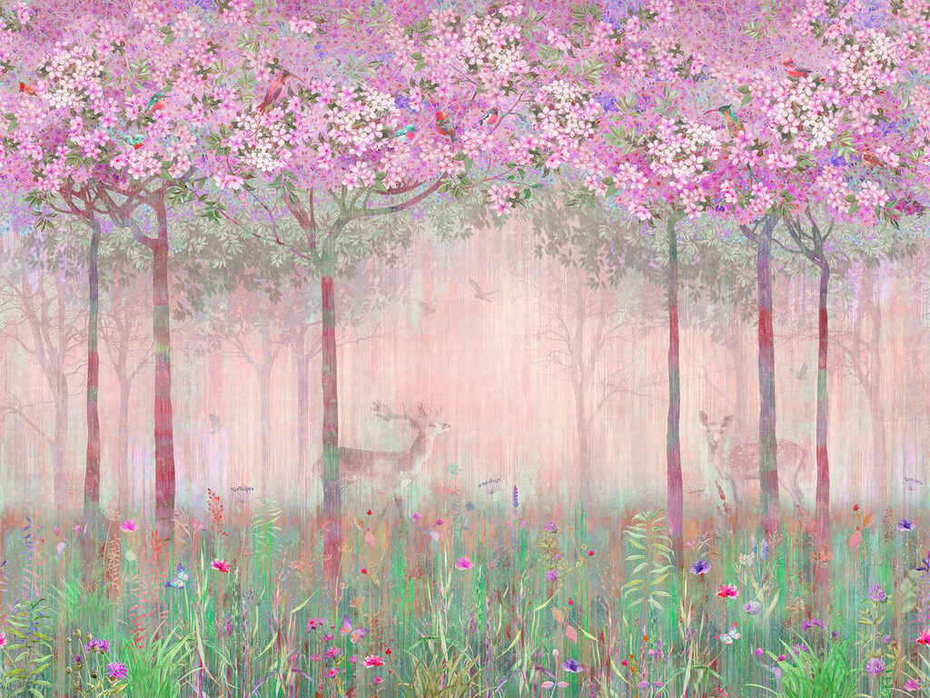 Uma pintura de uma floresta com flores e árvores cor-de-rosa Uma pintura de uma floresta com flores e árvores cor-de-rosa