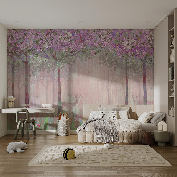 Uma pintura de uma floresta com flores e árvores cor-de-rosa Uma pintura de uma floresta com flores e árvores cor-de-rosa