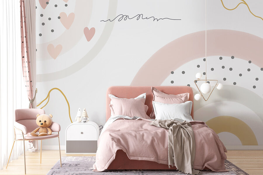 Um fundo branco com círculos e pontos cor-de-rosa e cinzentos