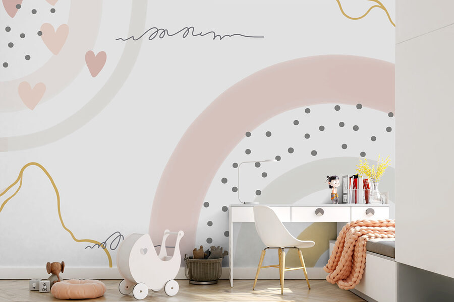 Um fundo branco com círculos e pontos cor-de-rosa e cinzentos