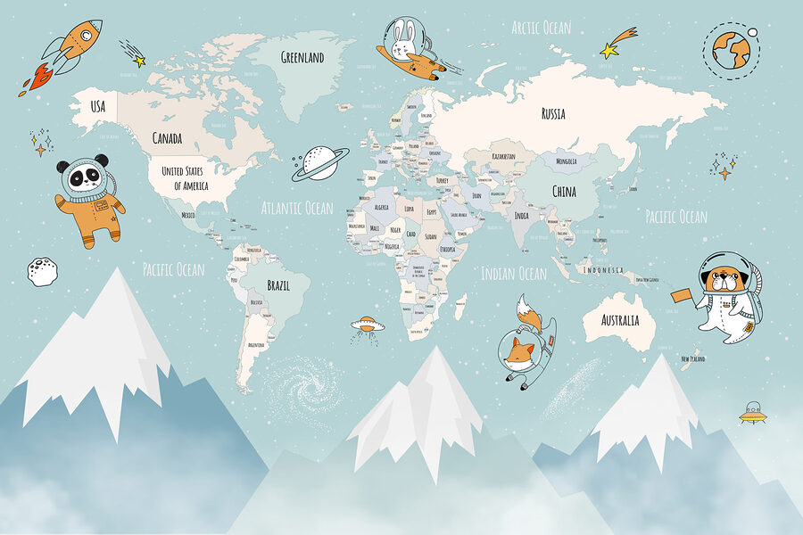 Um mapa do mundo com montanhas e nuvens