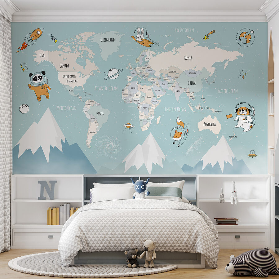 Um mapa do mundo com montanhas e nuvens