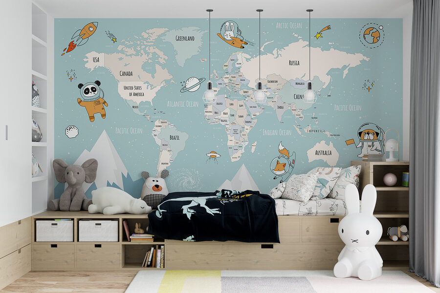 Um mapa do mundo com montanhas e nuvens