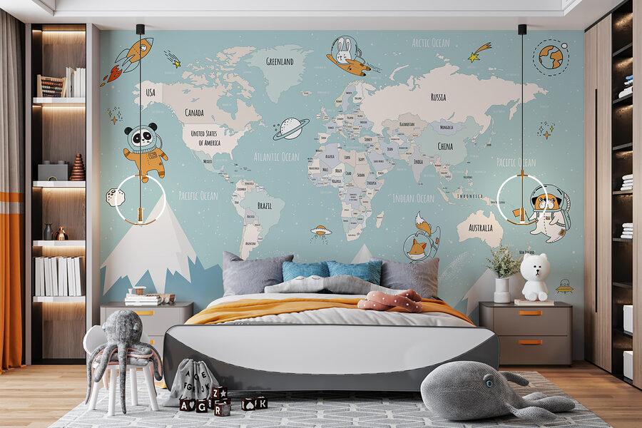 Um mapa do mundo com montanhas e nuvens