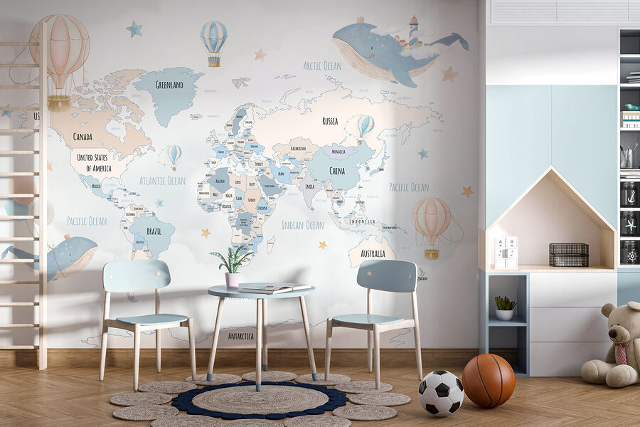 Um mapa do mundo com balões de ar quente