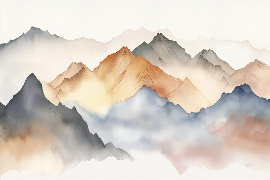 Uma pintura de montanhas no nevoeiro