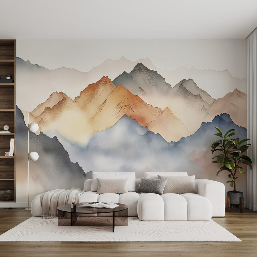 Uma pintura de montanhas no nevoeiro