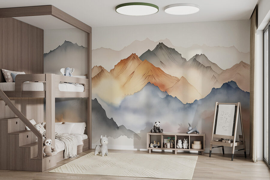 Uma pintura de montanhas no nevoeiro