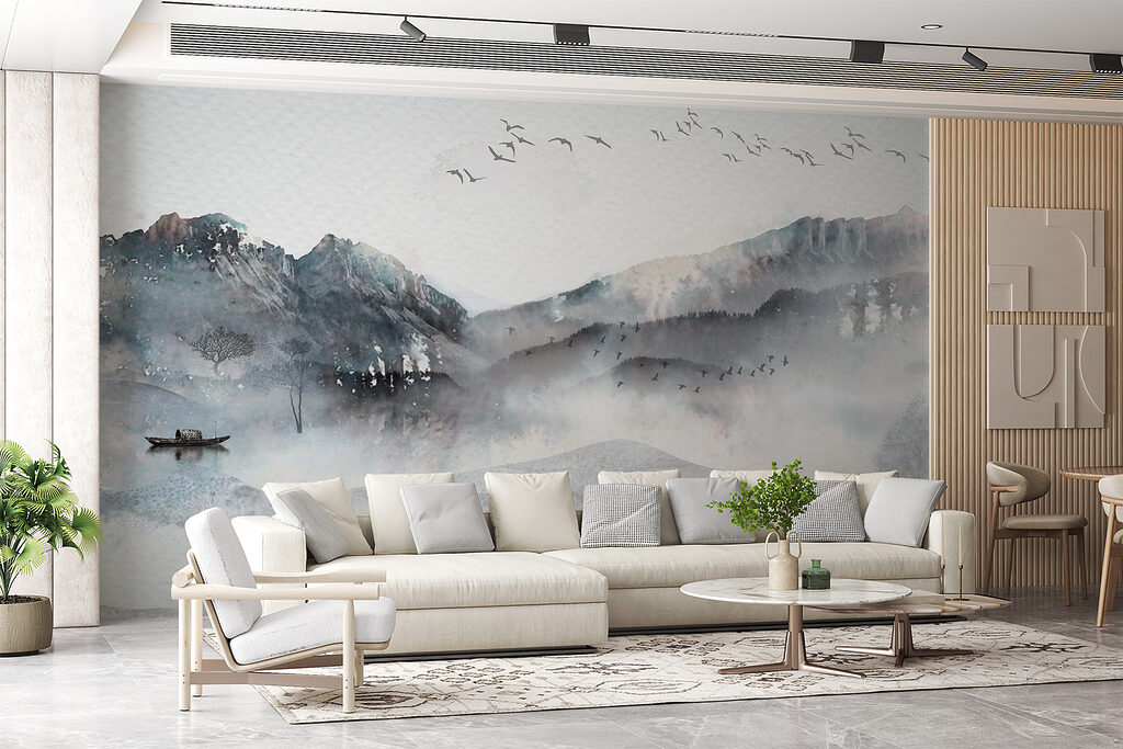 A painting of a mountain range with birds flying over it