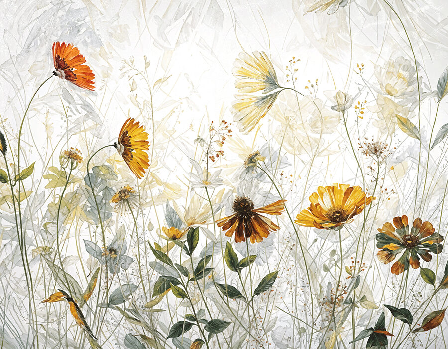 Uma pintura de flores e folhas