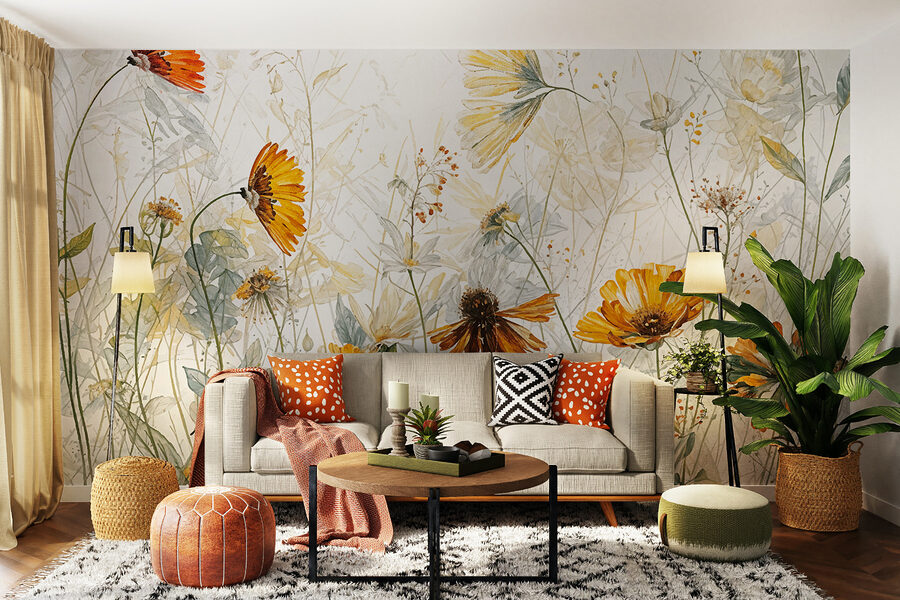 Uma pintura de flores e folhas