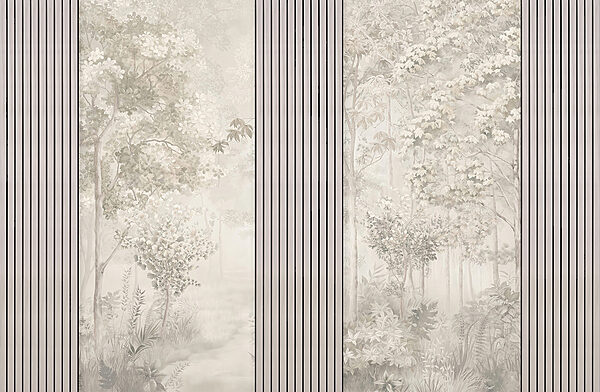 Um papel de parede com árvores e flores Um papel de parede com árvores e flores