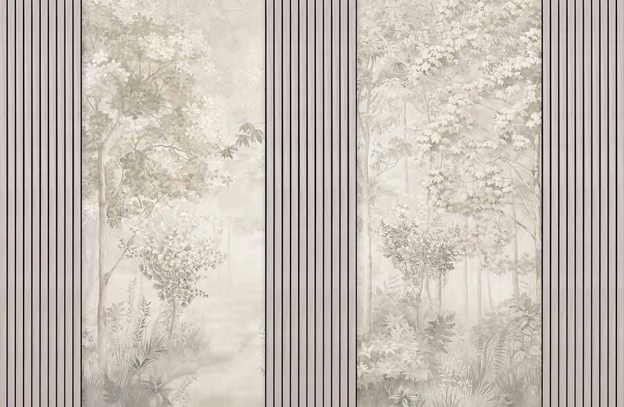 Um papel de parede com árvores e flores Um papel de parede com árvores e flores
