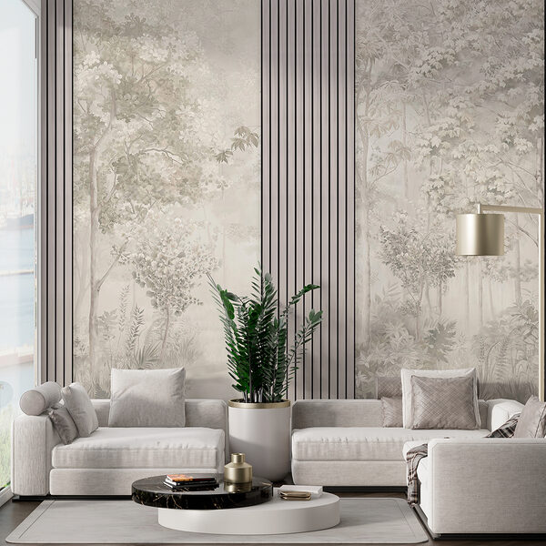 Um papel de parede com árvores e flores Um papel de parede com árvores e flores