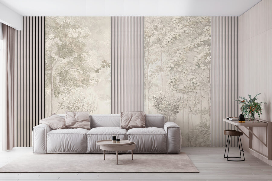 Um papel de parede com árvores e flores Um papel de parede com árvores e flores