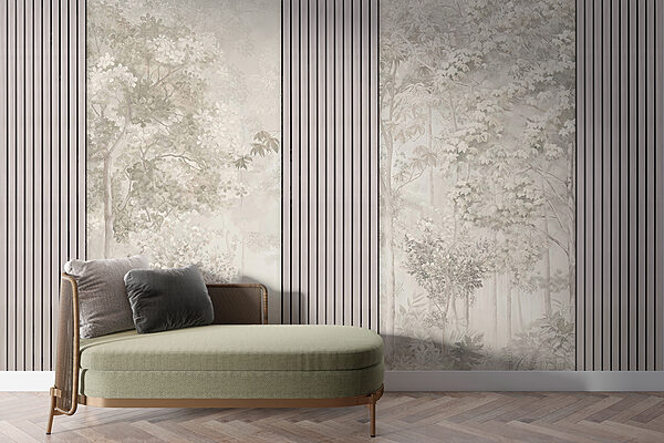 Um papel de parede com árvores e flores Um papel de parede com árvores e flores